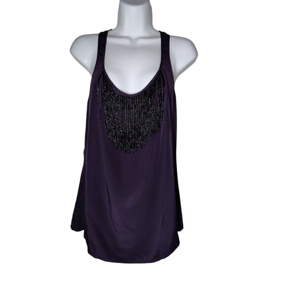 Matty M 100% Silk Low Cut Tank Top Dark Purple Beaded Fringe M - Picture 2 of 6